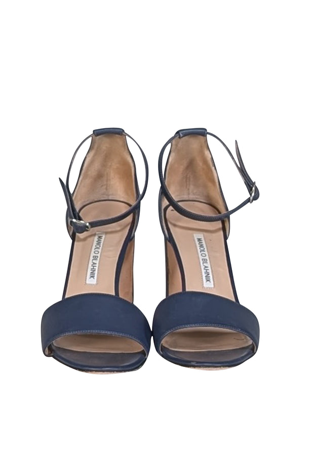 Manolo Blahnik - Navy Leather Open Toe Block Heels Sz 11 - Current Boutique