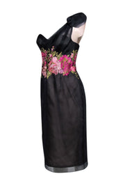 Current Boutique-Marchesa - Black One Shoulder Floral Embroidered Dress Sz 8