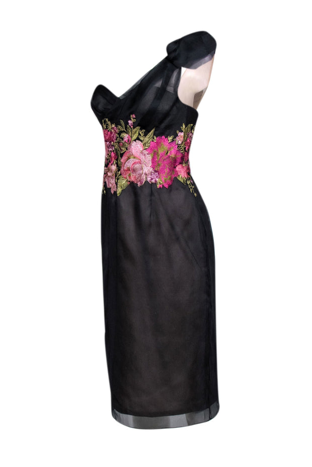 Current Boutique-Marchesa - Black One Shoulder Floral Embroidered Dress Sz 8