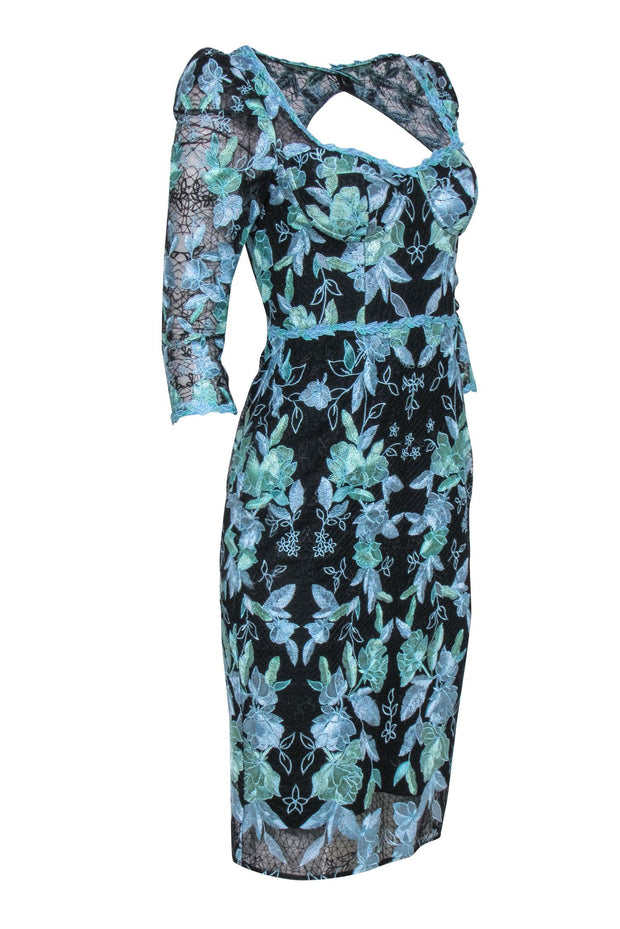 Current Boutique-Marchesa Notte - Black & Blue Floral Eyelet Lace Dress Sz 0