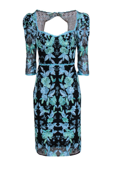 Current Boutique-Marchesa Notte - Black & Blue Floral Eyelet Lace Dress Sz 12