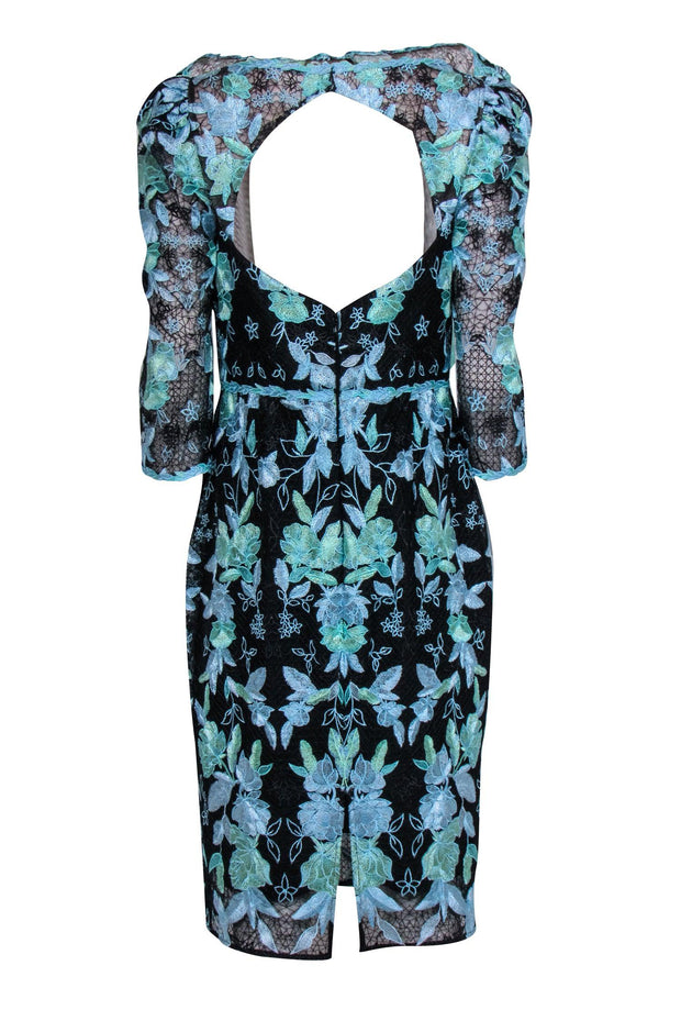 Current Boutique-Marchesa Notte - Black & Blue Floral Eyelet Lace Dress Sz 12