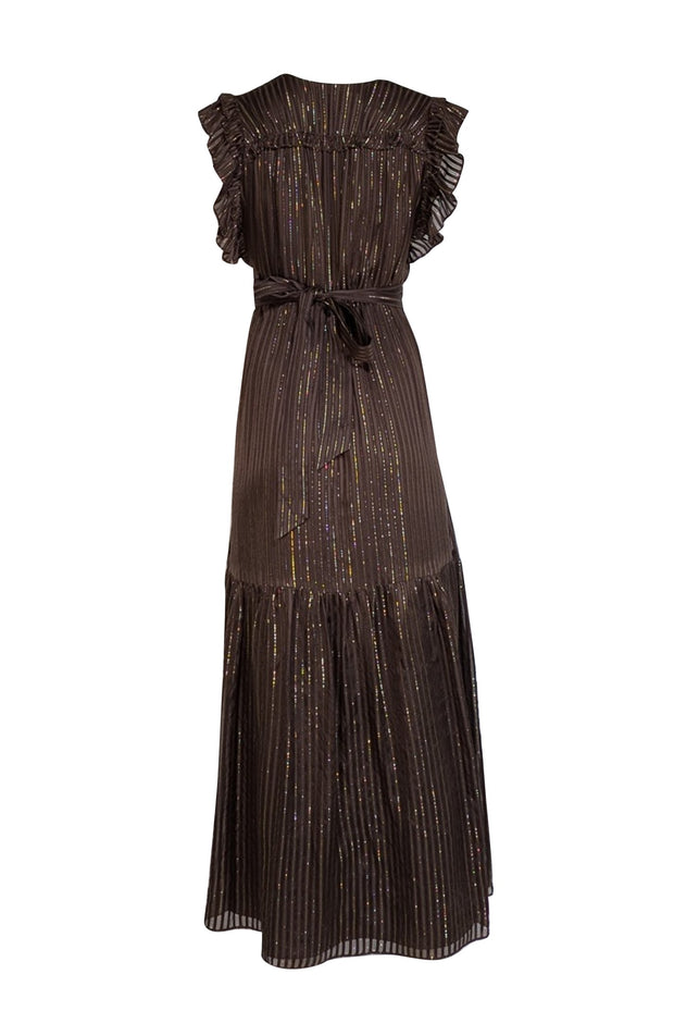 Marie Oliver - Brown w/ Gold Metallic Stripes Silk Maxi Dress Sz XS - Current Boutique