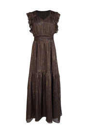 Marie Oliver - Brown w/ Gold Metallic Stripes Silk Maxi Dress Sz XS - Current Boutique