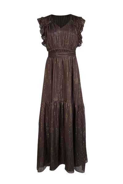 Marie Oliver - Brown w/ Gold Metallic Stripes Silk Maxi Dress Sz XS - Current Boutique