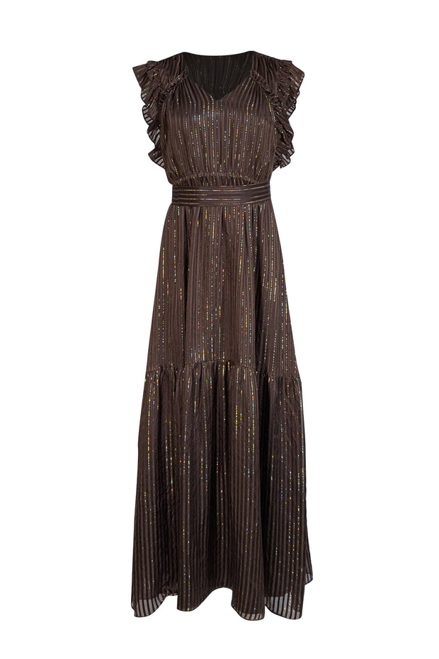 Marie Oliver - Brown w/ Gold Metallic Stripes Silk Maxi Dress Sz XS - Current Boutique