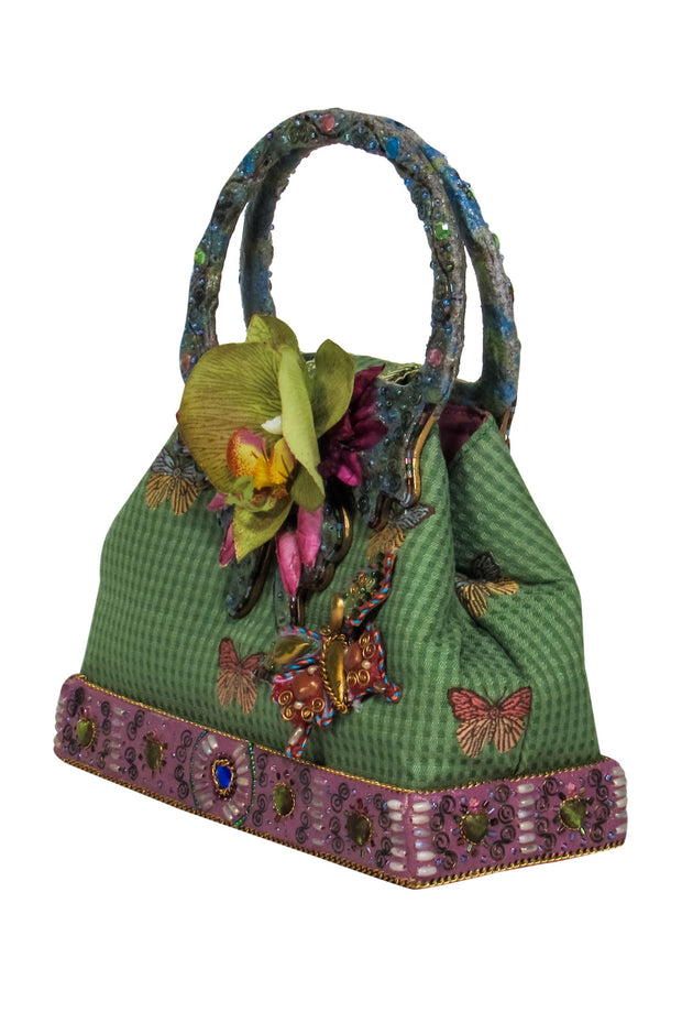 Current Boutique-Mary Frances - Green Embroidered w/ Jewel & Floral Details Mini Bag