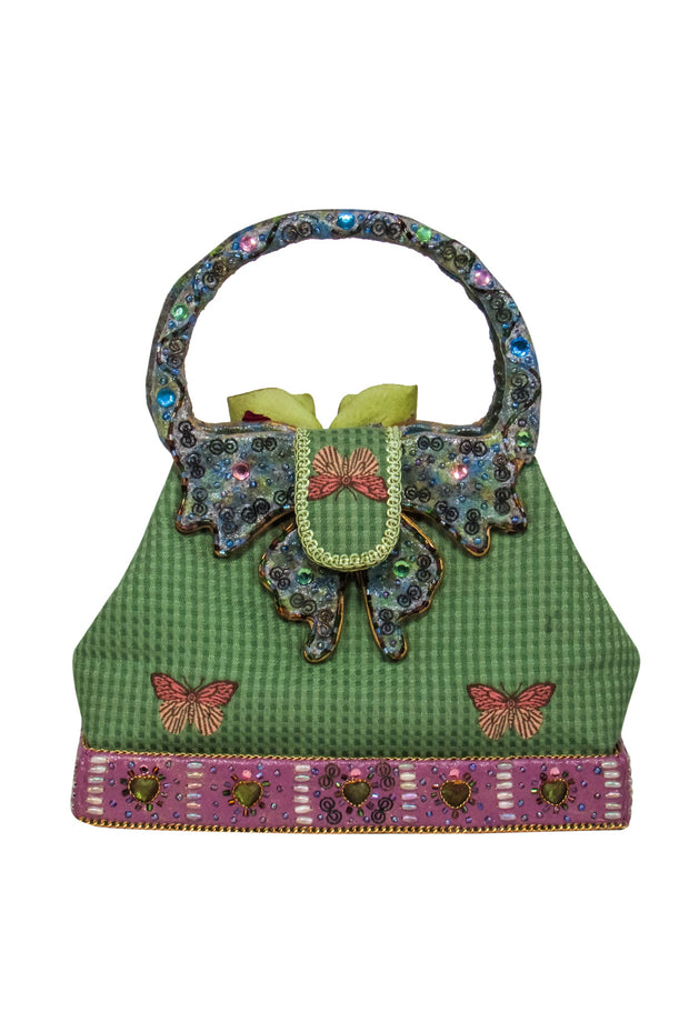 Current Boutique-Mary Frances - Green Embroidered w/ Jewel & Floral Details Mini Bag