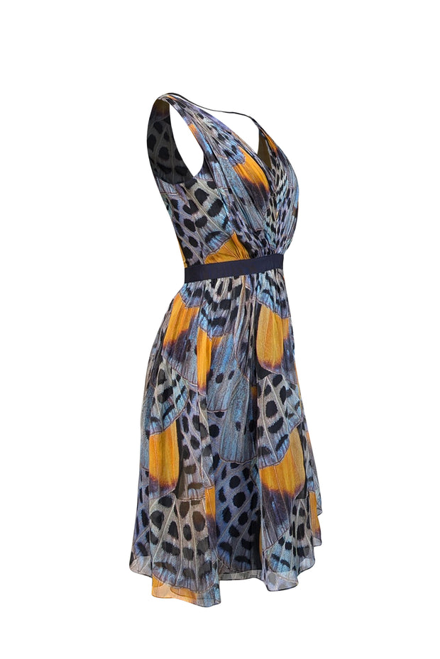 Current Boutique-Mathew Williamson - Blue & Yellow Butterfly Print Pleated Bodice Dress Sz 8