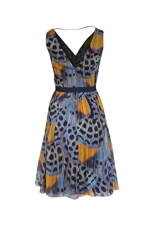 Current Boutique-Mathew Williamson - Blue & Yellow Butterfly Print Pleated Bodice Dress Sz 8