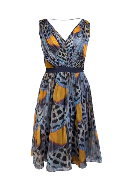 Current Boutique-Mathew Williamson - Blue & Yellow Butterfly Print Pleated Bodice Dress Sz 8
