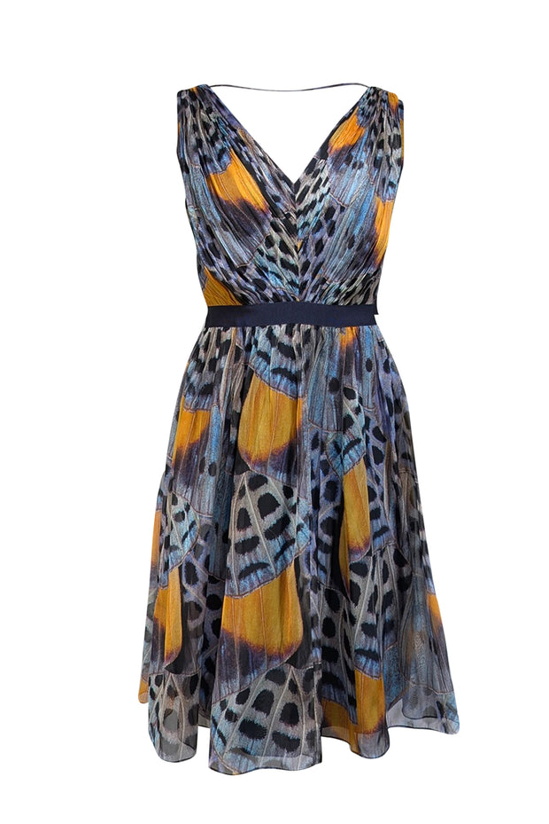 Current Boutique-Mathew Williamson - Blue & Yellow Butterfly Print Pleated Bodice Dress Sz 8