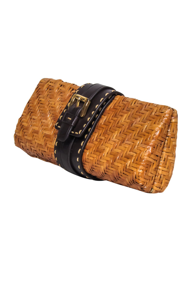 Current Boutique-Michael Kors - Tan Woven Clutch w/ Brown Leather Buckle Front