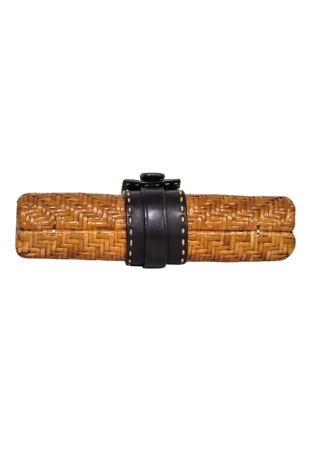 Current Boutique-Michael Kors - Tan Woven Clutch w/ Brown Leather Buckle Front