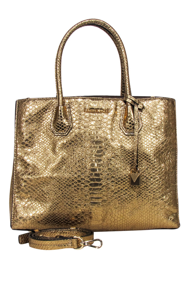 Current Boutique-Michael Kors - Gold Metallic Croc Embossed Leather Satchel Bag