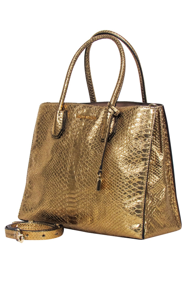 Current Boutique-Michael Kors - Gold Metallic Croc Embossed Leather Satchel Bag