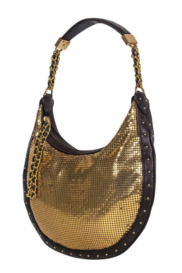 Current Boutique-Michael Kors - Gold Metallic Chain Mail Shoulder back w/ Leather Details