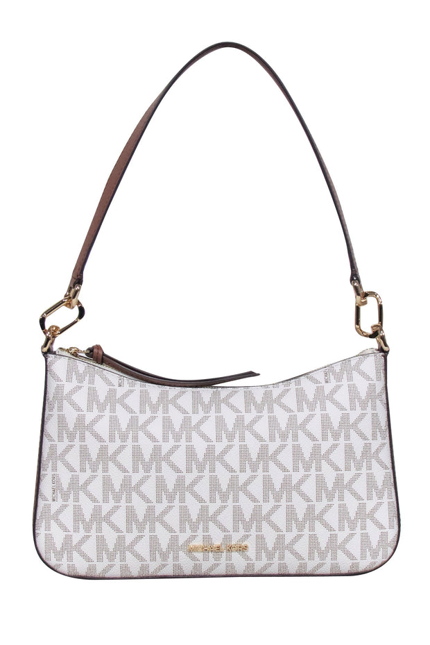 Current Boutique-Michael Kors - White & Tan Monogram Coated Canvas Shoulder Bag