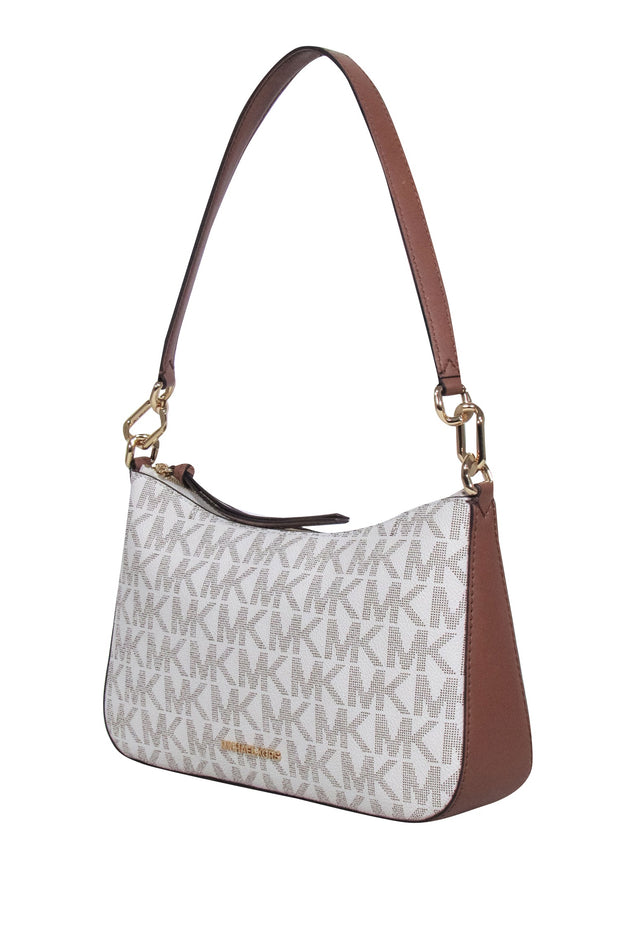 Current Boutique-Michael Kors - White & Tan Monogram Coated Canvas Shoulder Bag