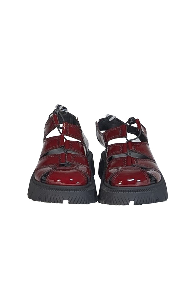 Miista - Burgundy Crinkle Patent Leather Strappy Sandals Sz 6.5 - Current Boutique