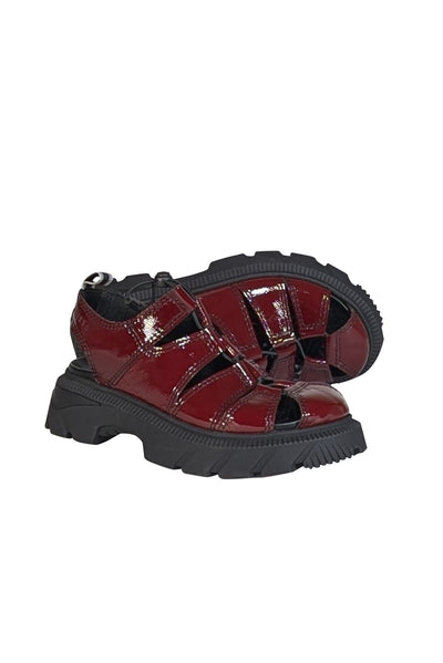 Miista - Burgundy Crinkle Patent Leather Strappy Sandals Sz 6.5 - Current Boutique
