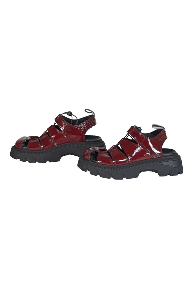 Miista - Burgundy Crinkle Patent Leather Strappy Sandals Sz 6.5 - Current Boutique