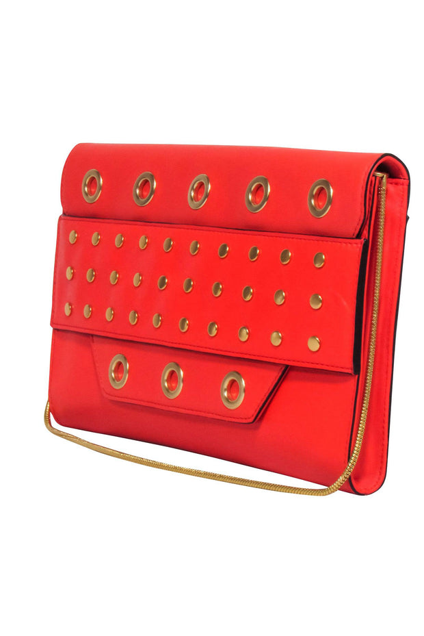 Current Boutique-Milly - Red Leather Clutch on Strap w/ Gold Grommets