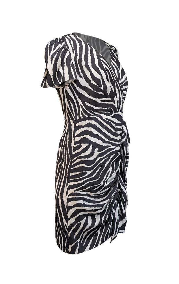 Milly - Black & White Zebra Print Satin Faux Wrap Dress Sz 10 - Current Boutique