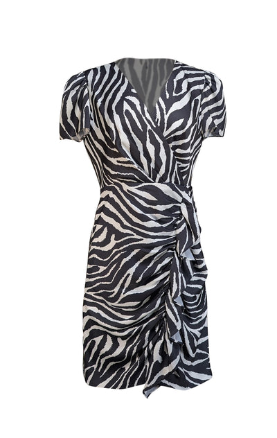 Milly - Black & White Zebra Print Satin Faux Wrap Dress Sz 10 - Current Boutique
