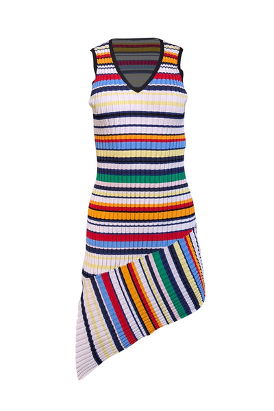 Milly - White, Black, & Multicolor Striped Ribbed Sleeveless Dress Sz S - Current Boutique
