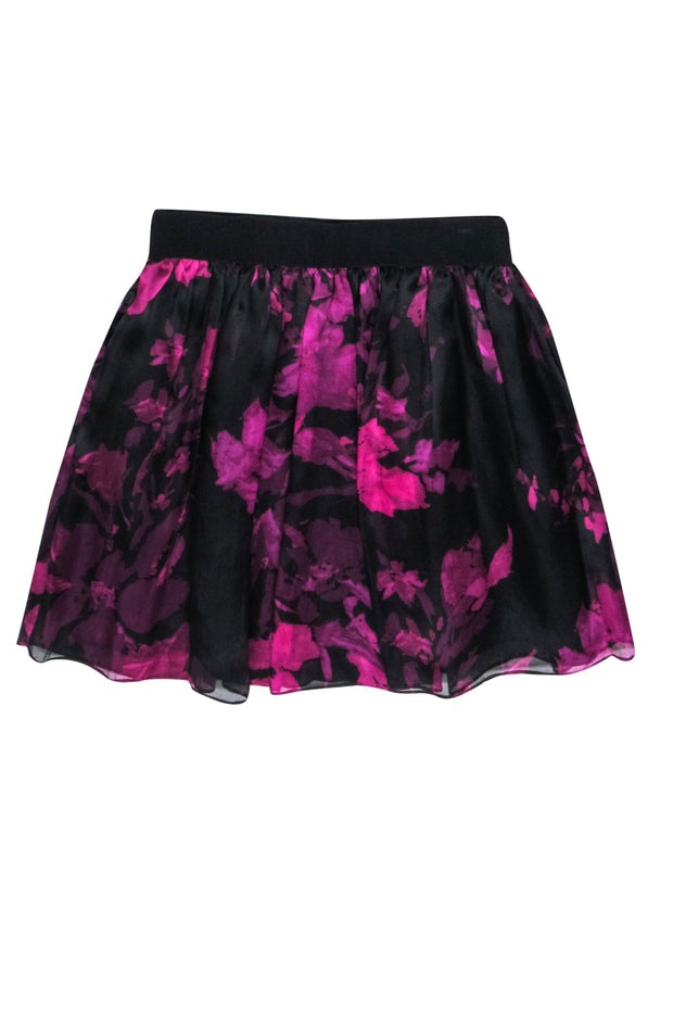 Current Boutique-Milly - Black & Pink Floral Silk A-line Skirt Sz 10