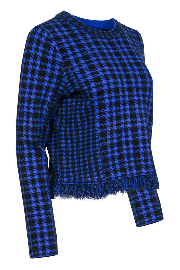 Current Boutique-Milly - Blue & Black Houndstooth Sweater w/ Fringe Trim Sz L