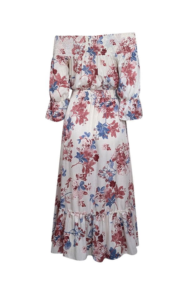 Current Boutique-MISA Los Angeles - White w/ Red & Blue Floral Print Satin Smock Neck Dress Sz S
