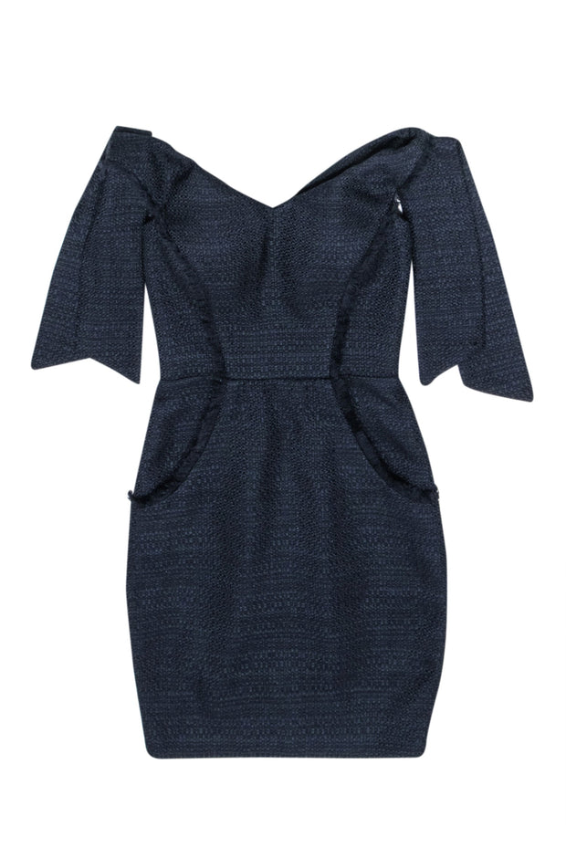 Current Boutique-Misha - Navy Tweed Off-the-Shoulder Dress w/ Tie Accents Sz 0