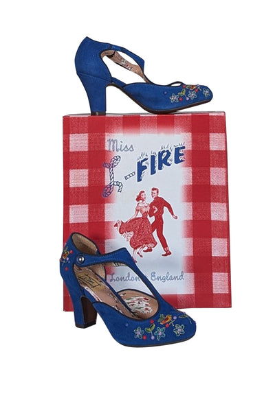 Current Boutique-Miss L-Fire - Blue Embroidery Embellished "Orient" Strappy Pumps Sz 7