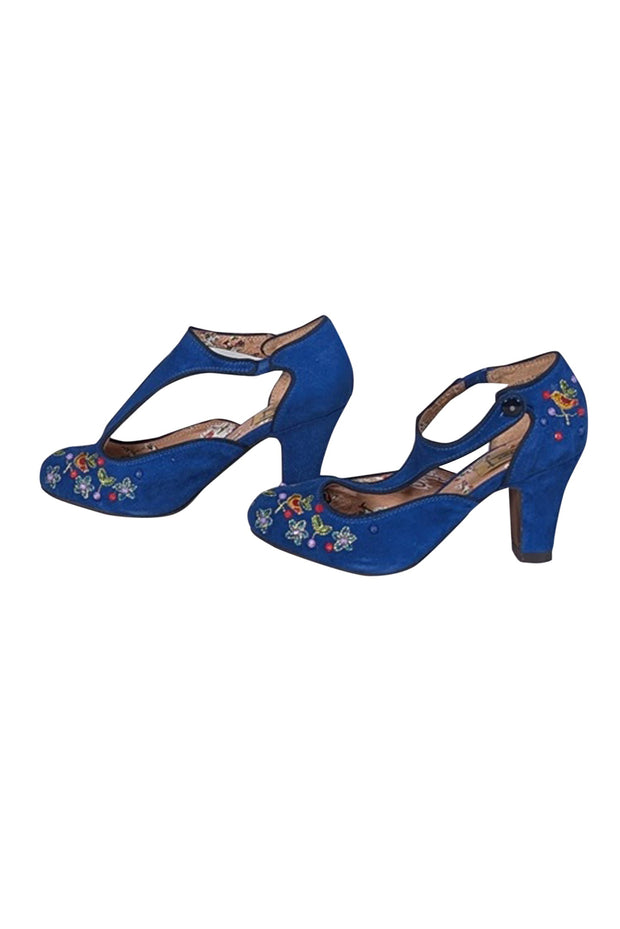Current Boutique-Miss L-Fire - Blue Embroidery Embellished "Orient" Strappy Pumps Sz 7