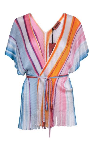 Current Boutique-Missoni - Blue Multi Striped Open Front Waist Tie Poncho Sz One Size