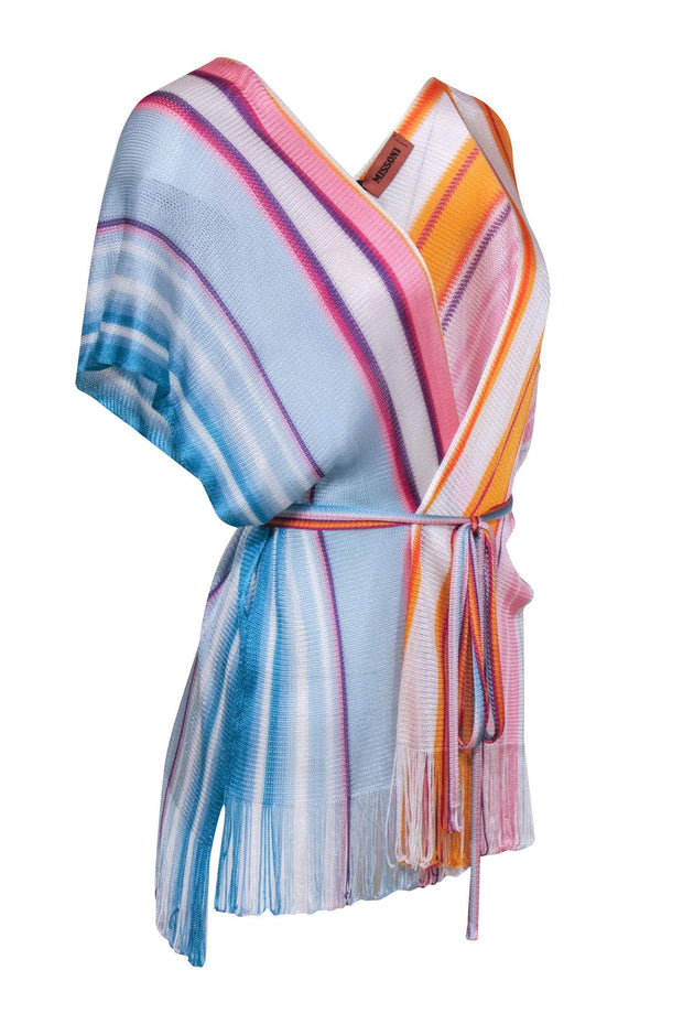 Current Boutique-Missoni - Blue Multi Striped Open Front Waist Tie Poncho Sz One Size