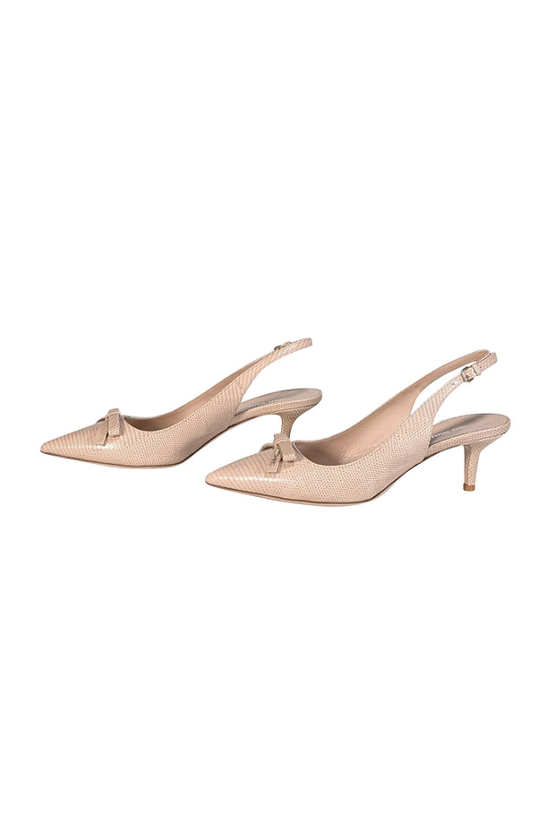 Current Boutique-Miu Miu - Beige Croc Embossed Bow Toe Sling Back Heels Sz 11