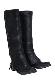 Current Boutique-Miu Miu - Black Oil Slick Leather Fold Over Zipper Tall Boots Sz 7.5