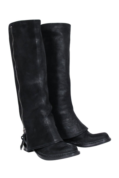 Current Boutique-Miu Miu - Black Oil Slick Leather Fold Over Zipper Tall Boots Sz 7.5