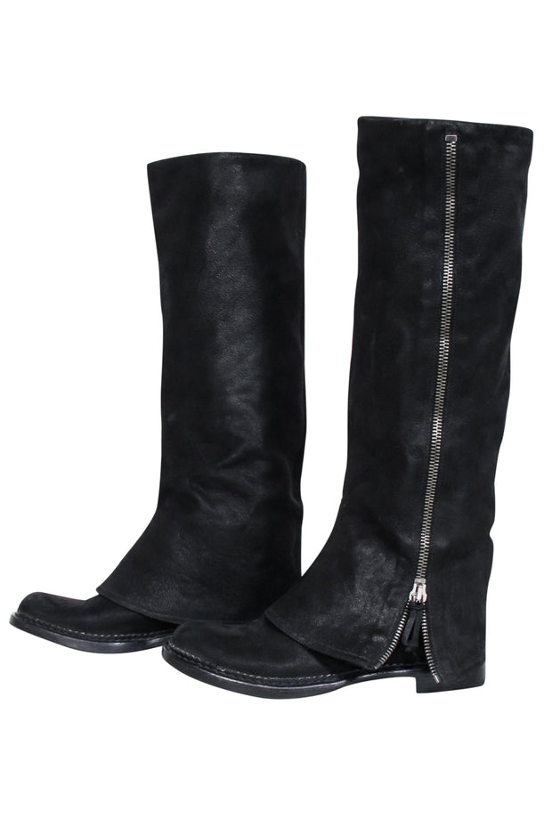 Current Boutique-Miu Miu - Black Oil Slick Leather Fold Over Zipper Tall Boots Sz 7.5