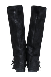 Current Boutique-Miu Miu - Black Oil Slick Leather Fold Over Zipper Tall Boots Sz 7.5