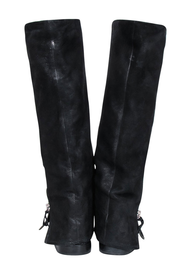 Current Boutique-Miu Miu - Black Oil Slick Leather Fold Over Zipper Tall Boots Sz 7.5