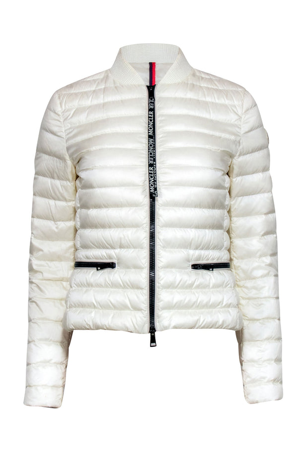 Current Boutique-Moncler - Cream Puffer Jacket w/ Black Zipper Accent Sz 0