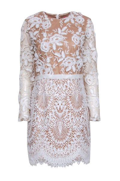Current Boutique-Monique Lhuillier - White & Beige Lace Cocktail Dress Sz 12