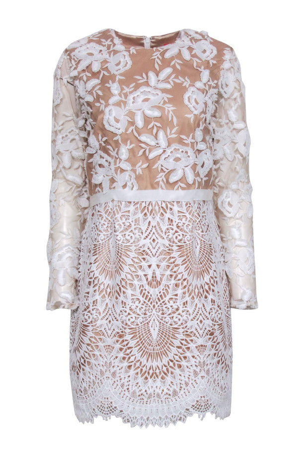 Current Boutique-Monique Lhuillier - White & Beige Lace Cocktail Dress Sz 12