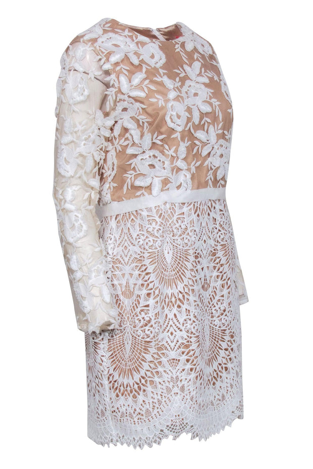 Current Boutique-Monique Lhuillier - White & Beige Lace Cocktail Dress Sz 12