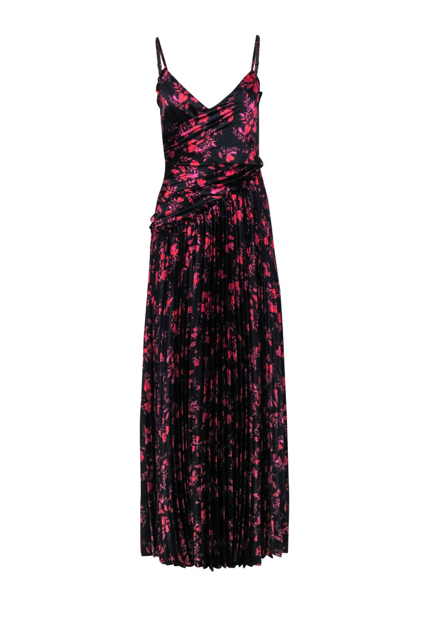 Current Boutique-Monique Lhuillier - Black w/ Pink & Purple Floral Print Pleated Formal Dress Sz 2