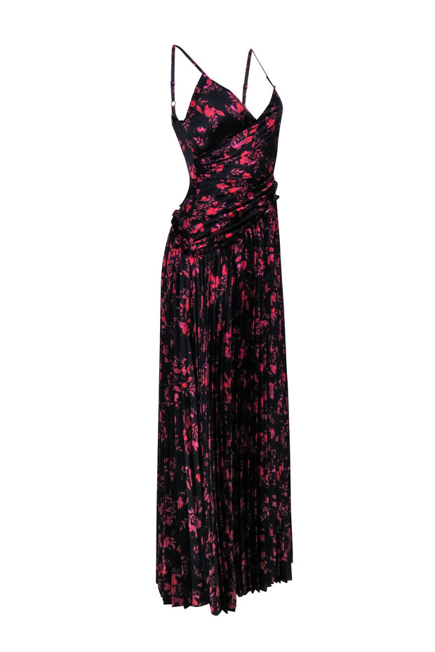 Current Boutique-Monique Lhuillier - Black w/ Pink & Purple Floral Print Pleated Formal Dress Sz 2